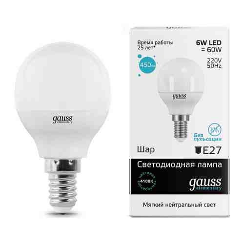 Лампа GAUSS LED Elementary Шар 6W E14 450lm 4100K 53126 упаковка 10шт