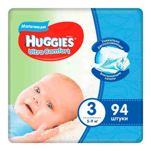 Подгузники Huggies Ultra Comfort 3 разм (5-9 кг) S/M (Midi) 94 шт. Д/МАЛЬЧ